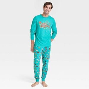 Wondershop Mens Feliz Navidad Christmas Pajama Set Turquoise, Size L, NWT